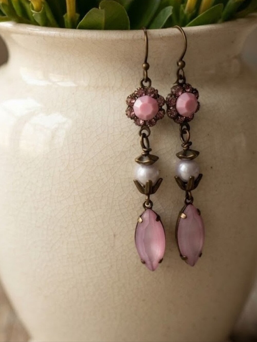 Victorian Pink Flower Crystal In 3- Tier Long Handmade Artisan Earrings In Brass